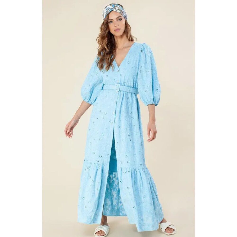 HALE BOB Gail Maxi Dress - Blue Floral Eyelet Women’s Size Small- Belt not incl